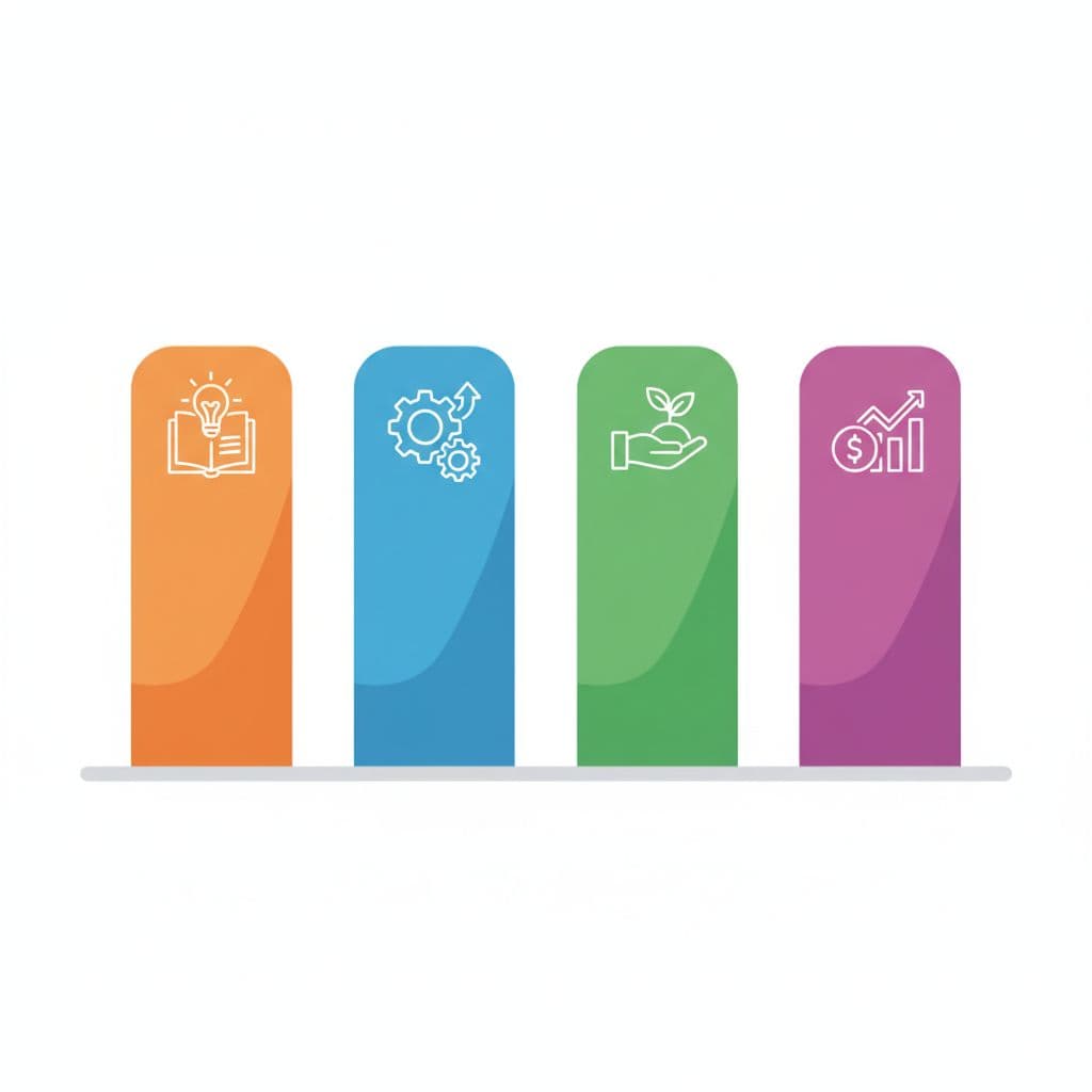 Four colorful pillars display icons representing education, problem-solving, guidance, and monetization against a clean white background.