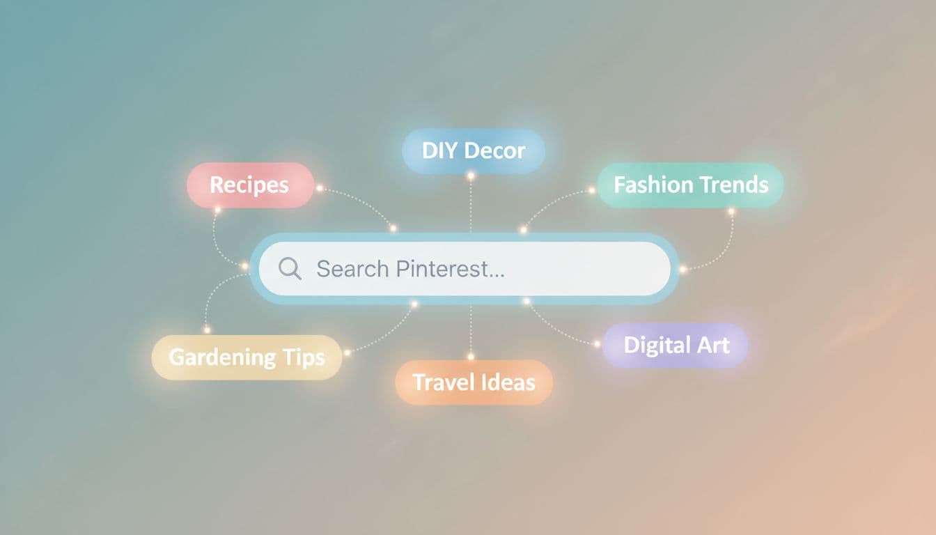 A clean vector illustration shows a search bar surrounded by glowing keyword tags.