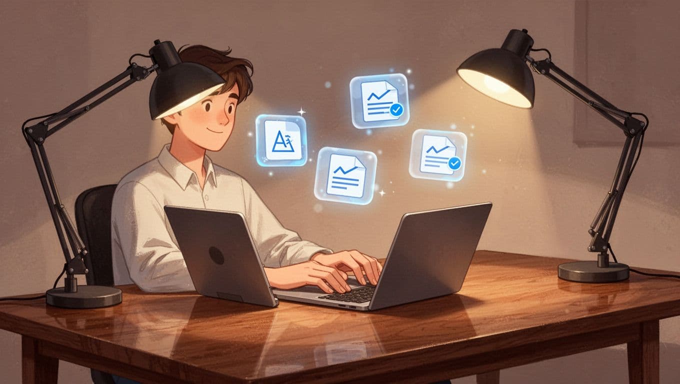 Person at wooden desk publishes first three articles on laptop with floating guide, problem-solving, and tutorial icons under warm lamp.