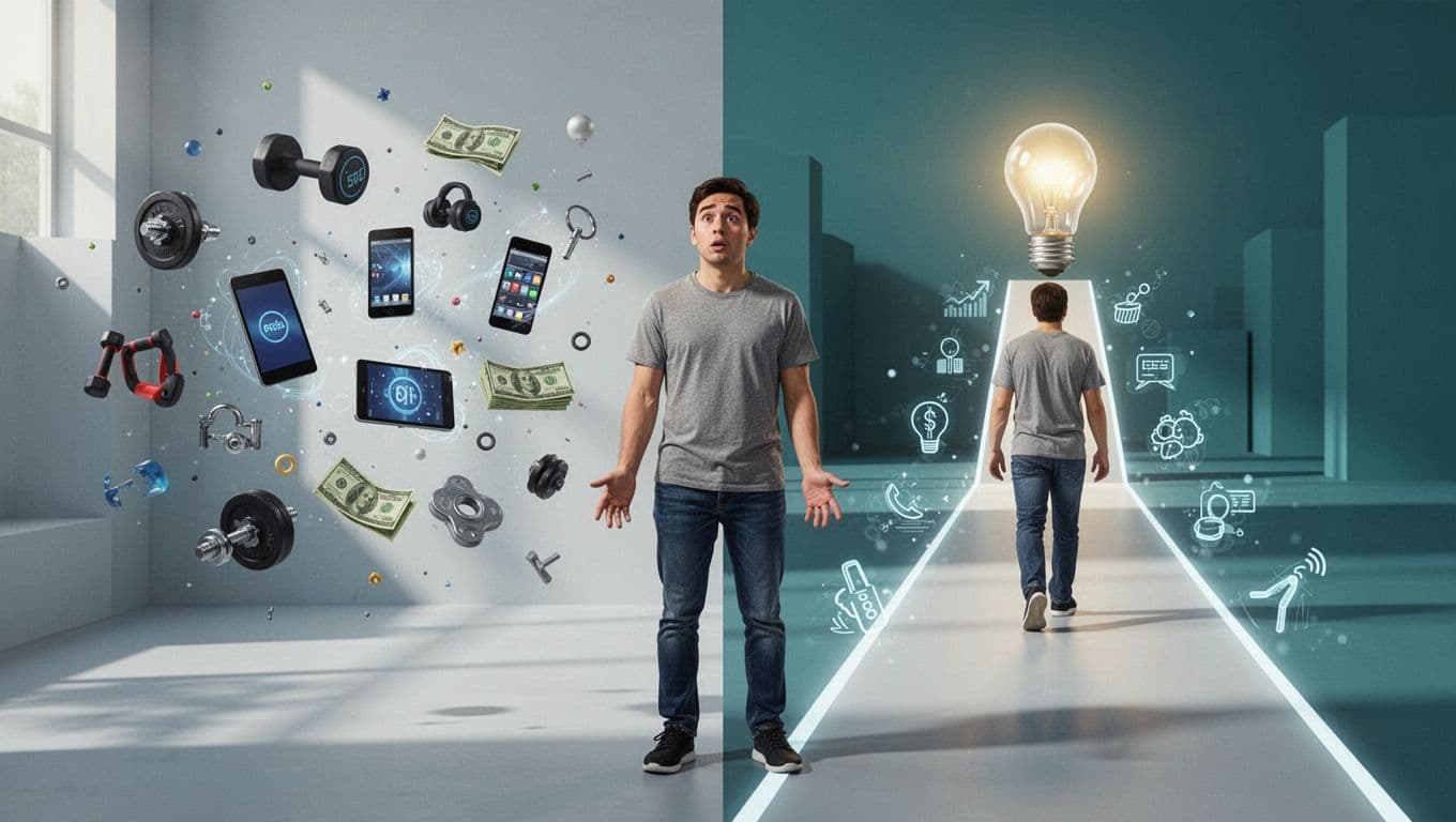 Split illustration: confused person amid scattered fitness, gadgets, money icons left; same person on clear path with focused icons to lightbulb goal right.