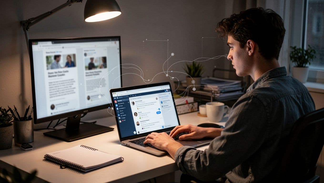 Young adult at home office desk with angled laptop showing blurred forum and SEO blog screens connected by subtle icons under dramatic overhead light.