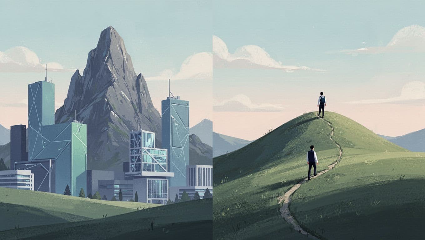 Steep mountain blocked by giant site icons on left; small site climbs gentle hill on right.