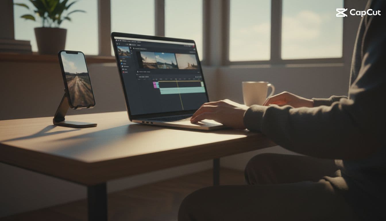 Person at desk in home office edits video on laptop, smartphone with footage nearby.