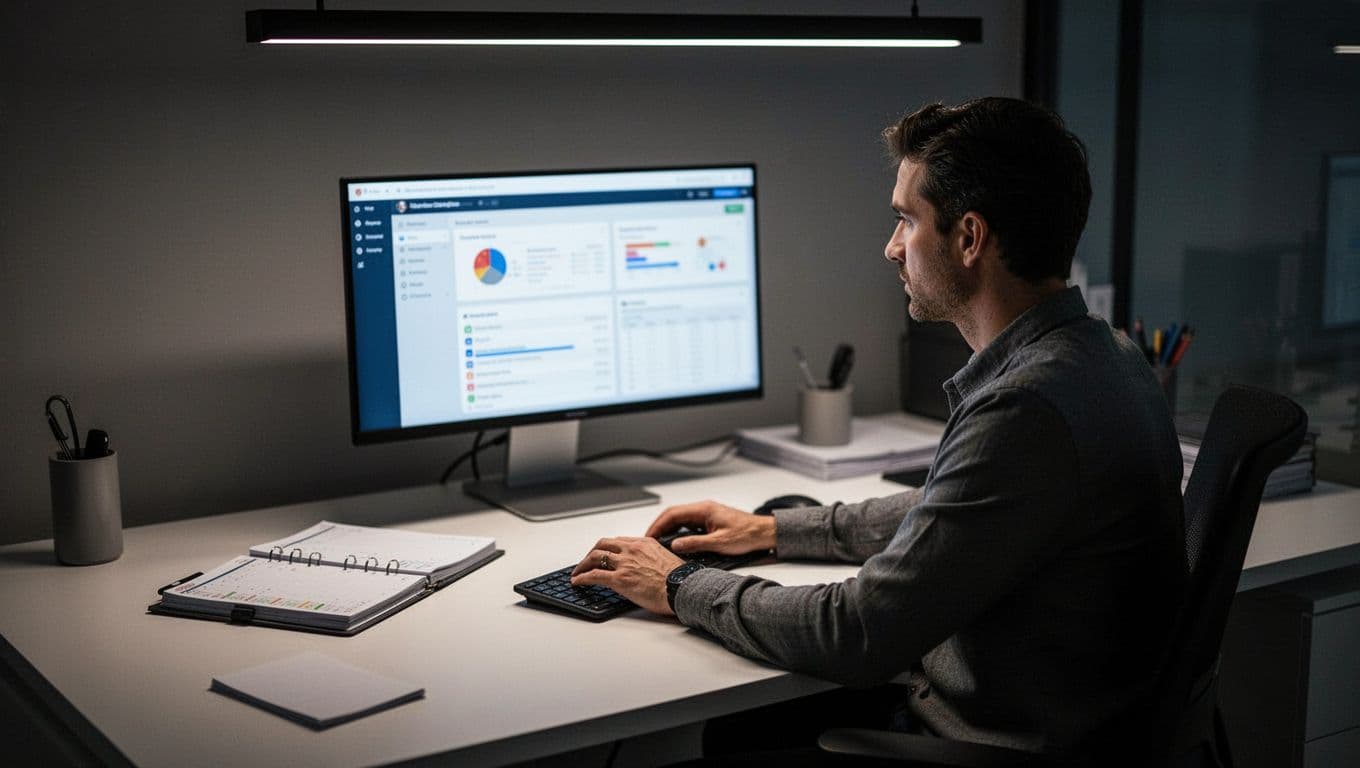 Small business owner at organized desk with blurred SaaS productivity tools on screen, hands on mouse and keyboard.