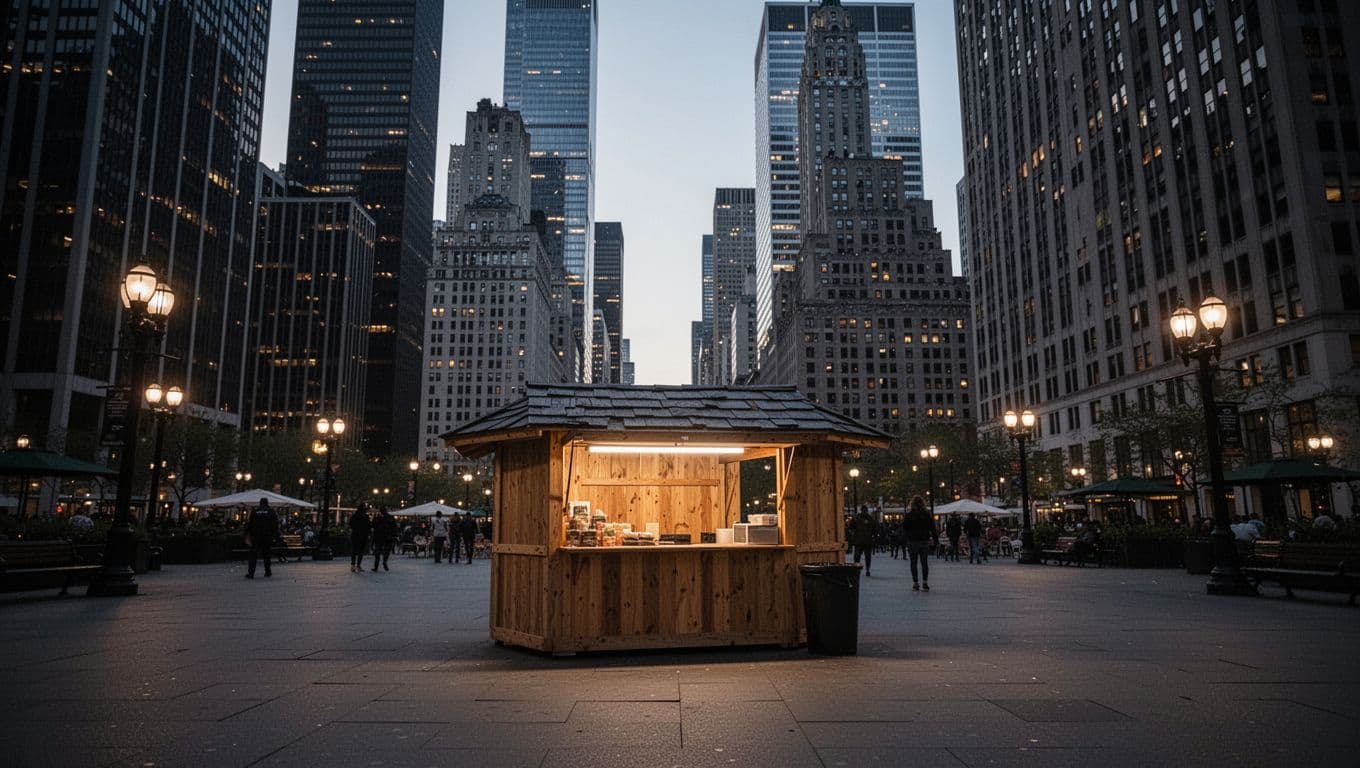 Small shop stall in bustling city square at dusk, dwarfed by towering skyscrapers with dramatic street lamp lighting.