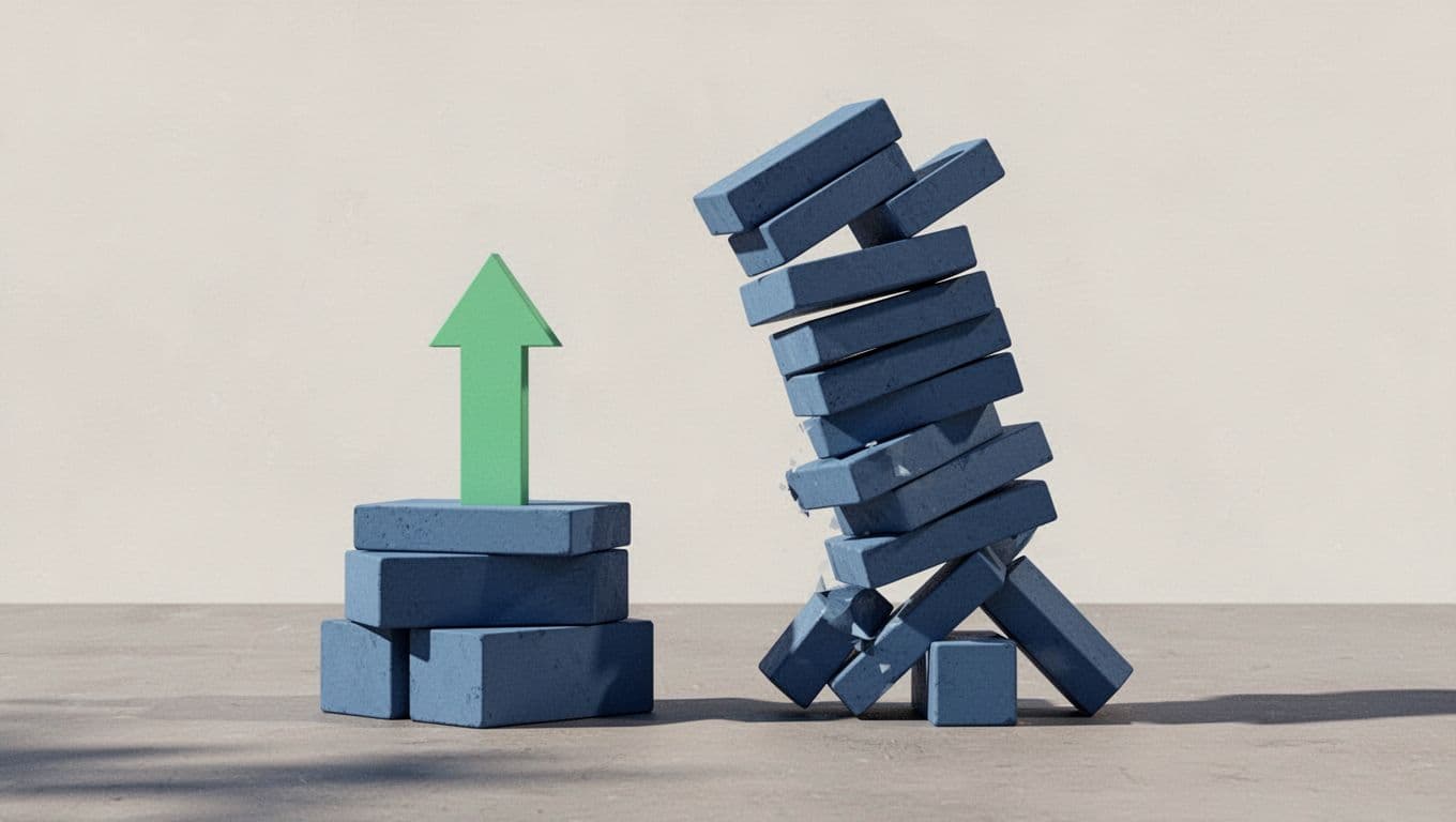 Small stable stack of three solid blocks with green upward arrow beside tall wobbly tower of fifteen leaning blocks.