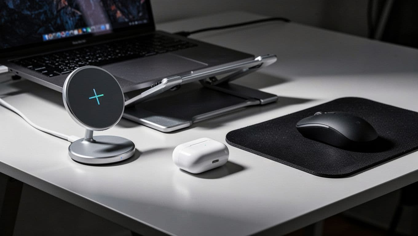 Wireless charger, laptop stand, earbuds case, and mouse pad on minimalist desk.