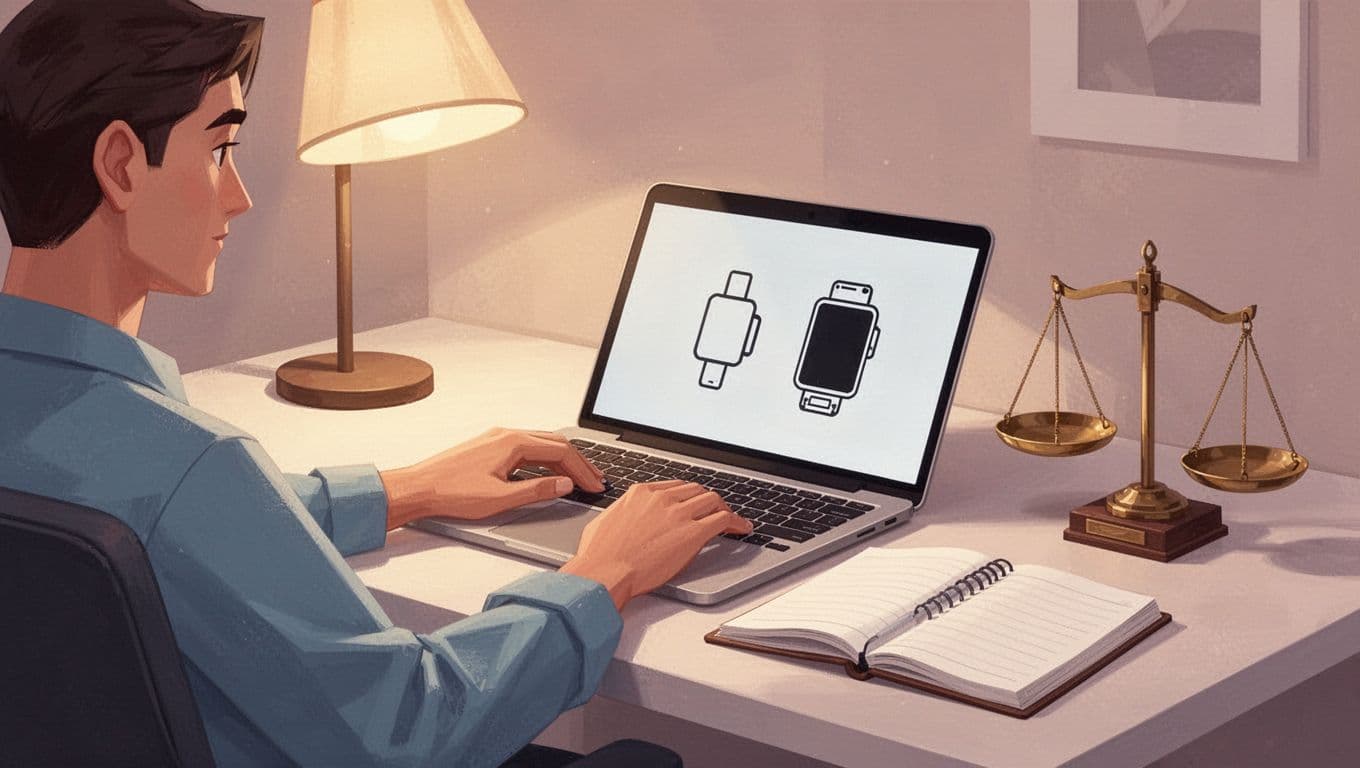 Person types on laptop showing two side-by-side product icons, balanced scale and notebook on desk.