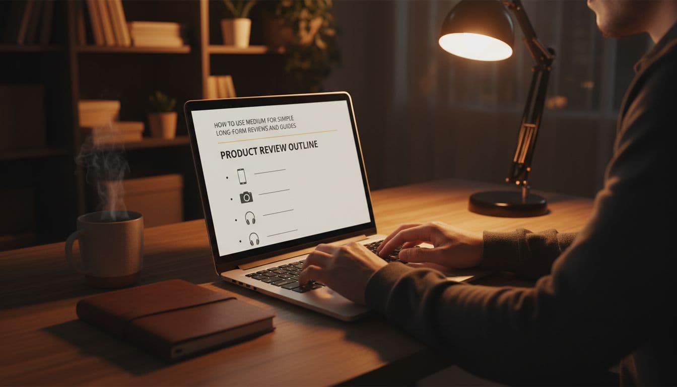 Person types on open laptop at wooden desk in cozy home office with notebook, coffee mug, and desk lamp.