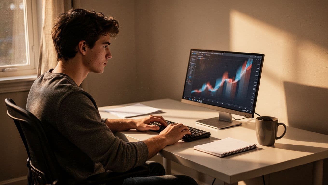 Young adult at home office desk views blurred rising trend graph on laptop, notepad and coffee mug nearby.
