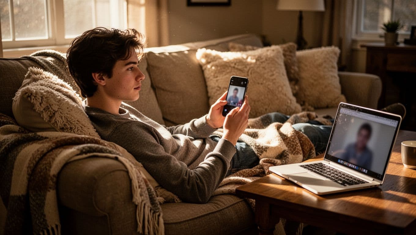 Young adult lounges on couch holding angled smartphone with blurred short video; laptop on coffee table shows blurred email signup.