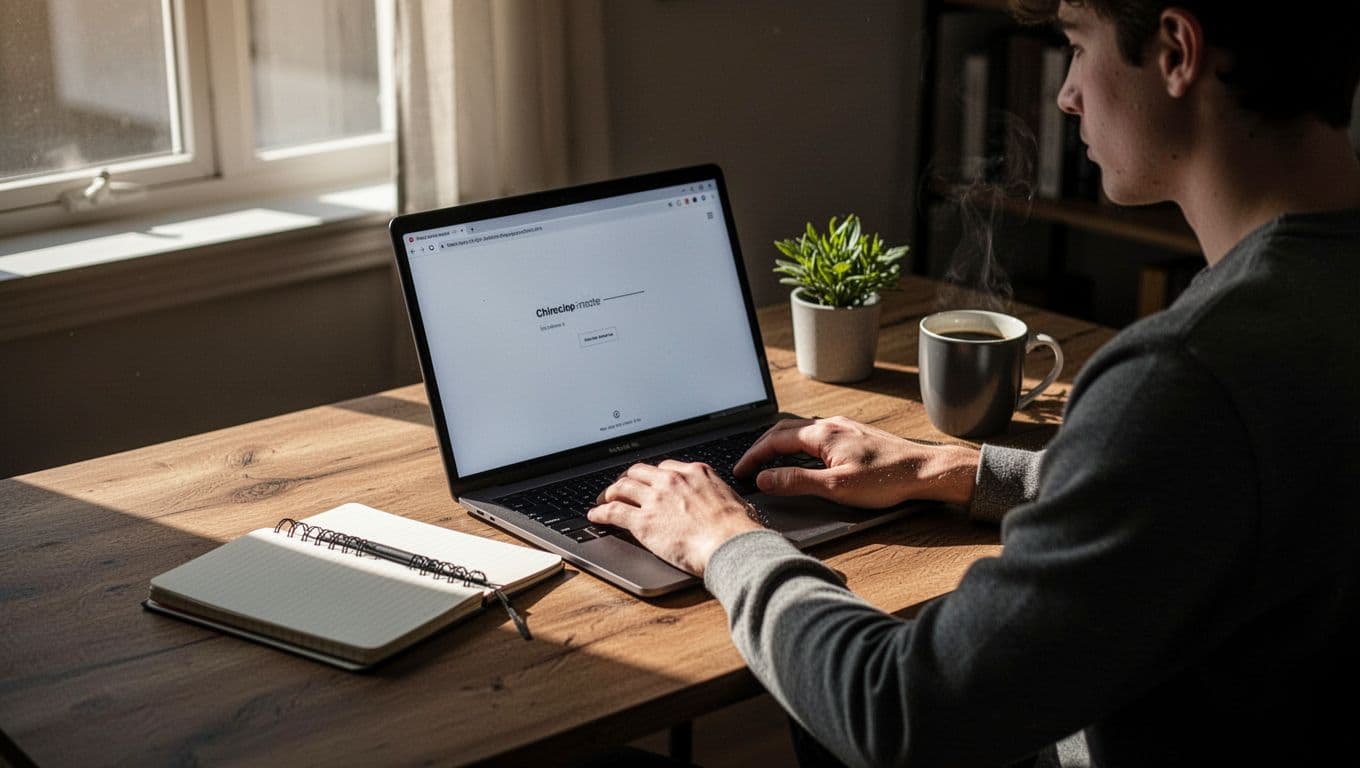 Young adult sits relaxed at wooden desk with laptop showing simple email form at angle, notebook coffee mug and plant nearby.