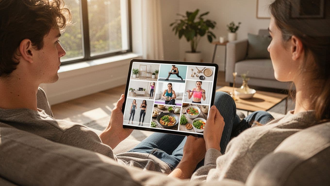 Young adult sits on couch holding tablet showing colorful Pinterest pins for home decor, fitness, fashion, DIY, and recipes.