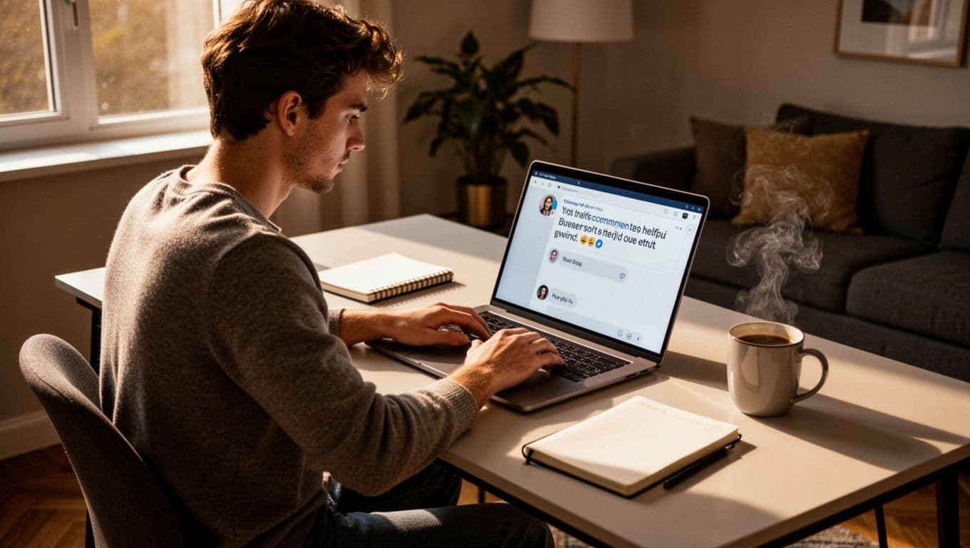 Young adult at home desk types comment on angled laptop screen showing group thread, notebook and coffee mug nearby.