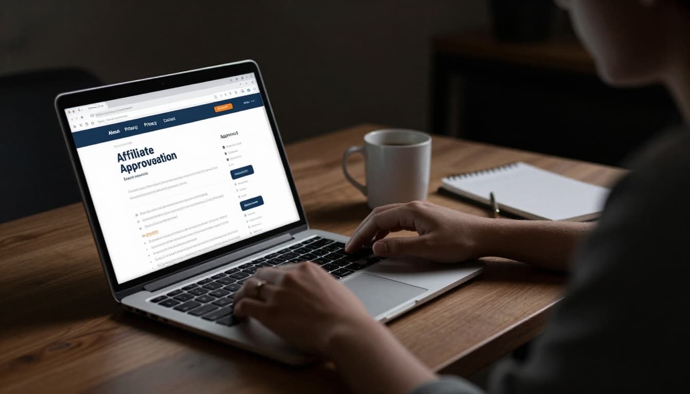 Young blogger in casual clothes sits at home office desk with open laptop angled to show affiliate form, blurred page tabs, nearby notepad checklist, and coffee mug.