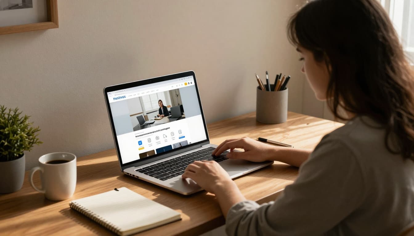 Young blogger in casual clothes sits at home desk with laptop open to hosting dashboard and website builder, subtle server icons, coffee mug, notepad nearby.