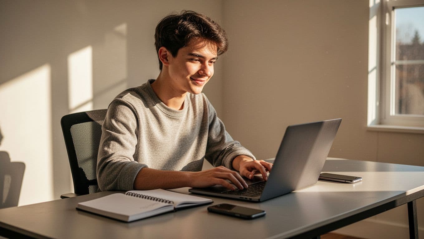 Young content creator at modern home office desk with open laptop, notebook, and phone.