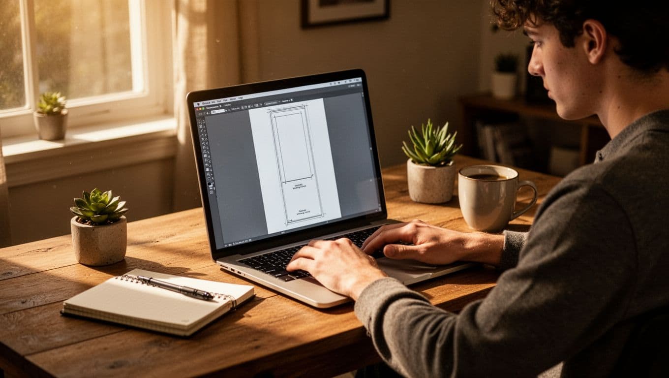 Young adult at wooden desk designs vertical Pinterest pin on Canva laptop, with notebook, mug, and plant nearby.