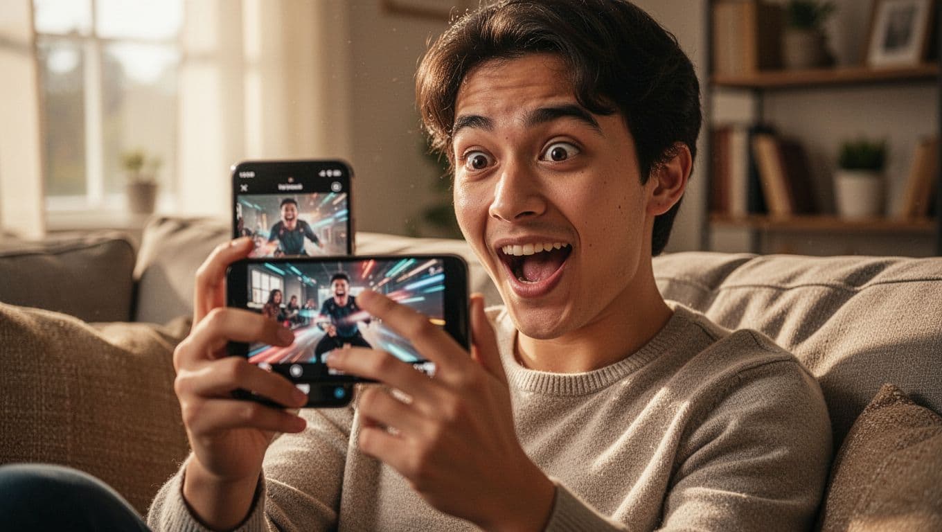 Young adult holds smartphone close to face, excitedly watching short video on couch in cozy home with natural light.