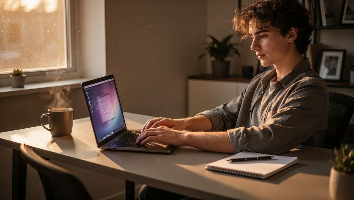 Young solopreneur types on laptop dashboard at modern home office desk, hands relaxed on keyboard, coffee mug and notepad nearby in warm side light.