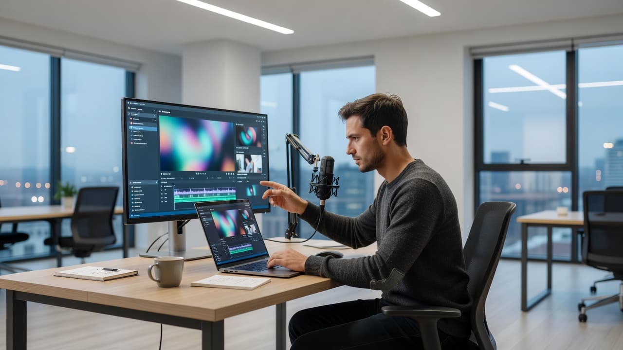 A focused professional sits at a clean, modern desk using a laptop and a high-quality studio microphone to produce content. Soft ambient lighting highlights the tidy, minimalist workspace setup.