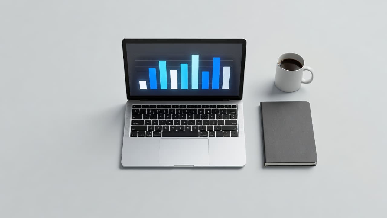 A top-down view shows a sleek laptop displaying colorful abstract bar charts alongside a spiral notebook and a steaming coffee mug. The minimalist surface highlights organized professional data tracking tools.