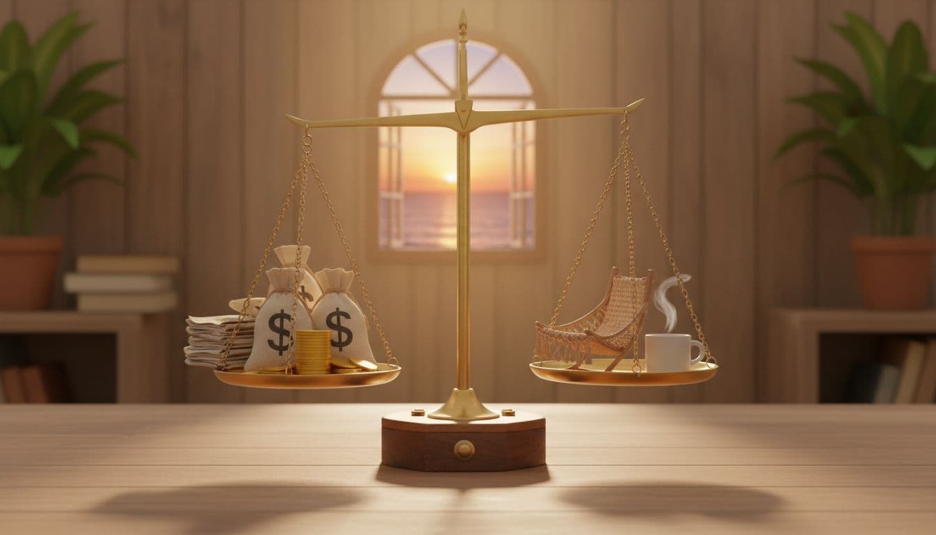 Balanced scale on wooden desk with gold coins and money bags on left pan, hammock chair, coffee mug, and sunset window on right.