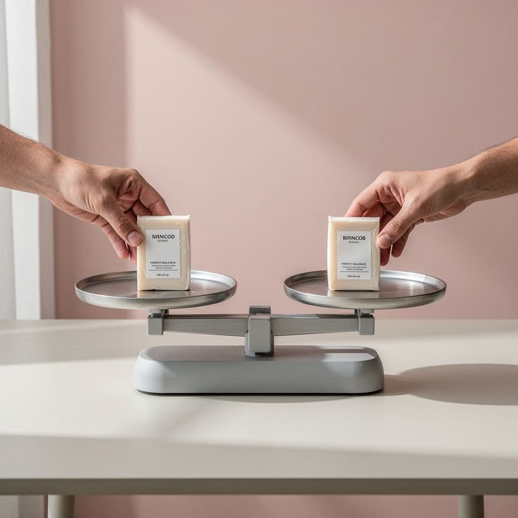 A person places two product sides on a minimalist scale showing balance.