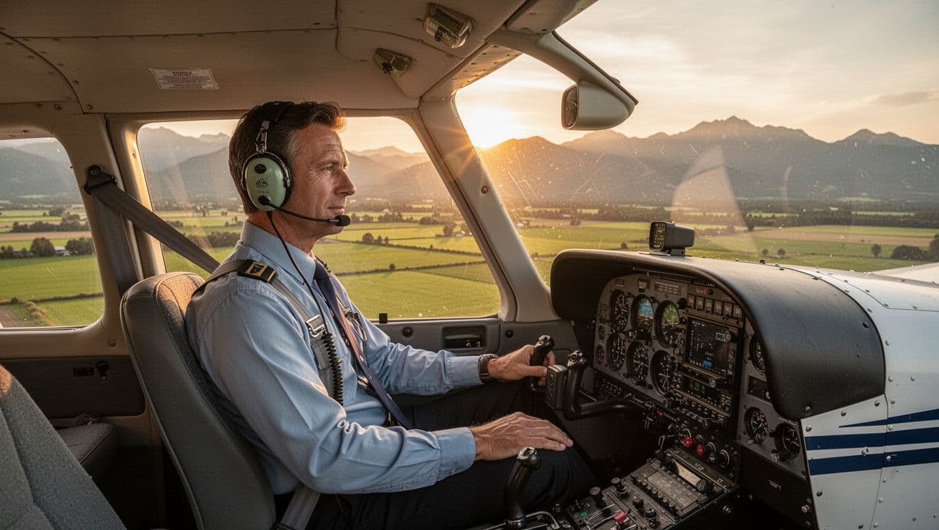 Commercial pilot in headset sits in small aircraft cockpit with hands on controls over green fields and mountains at sunset.