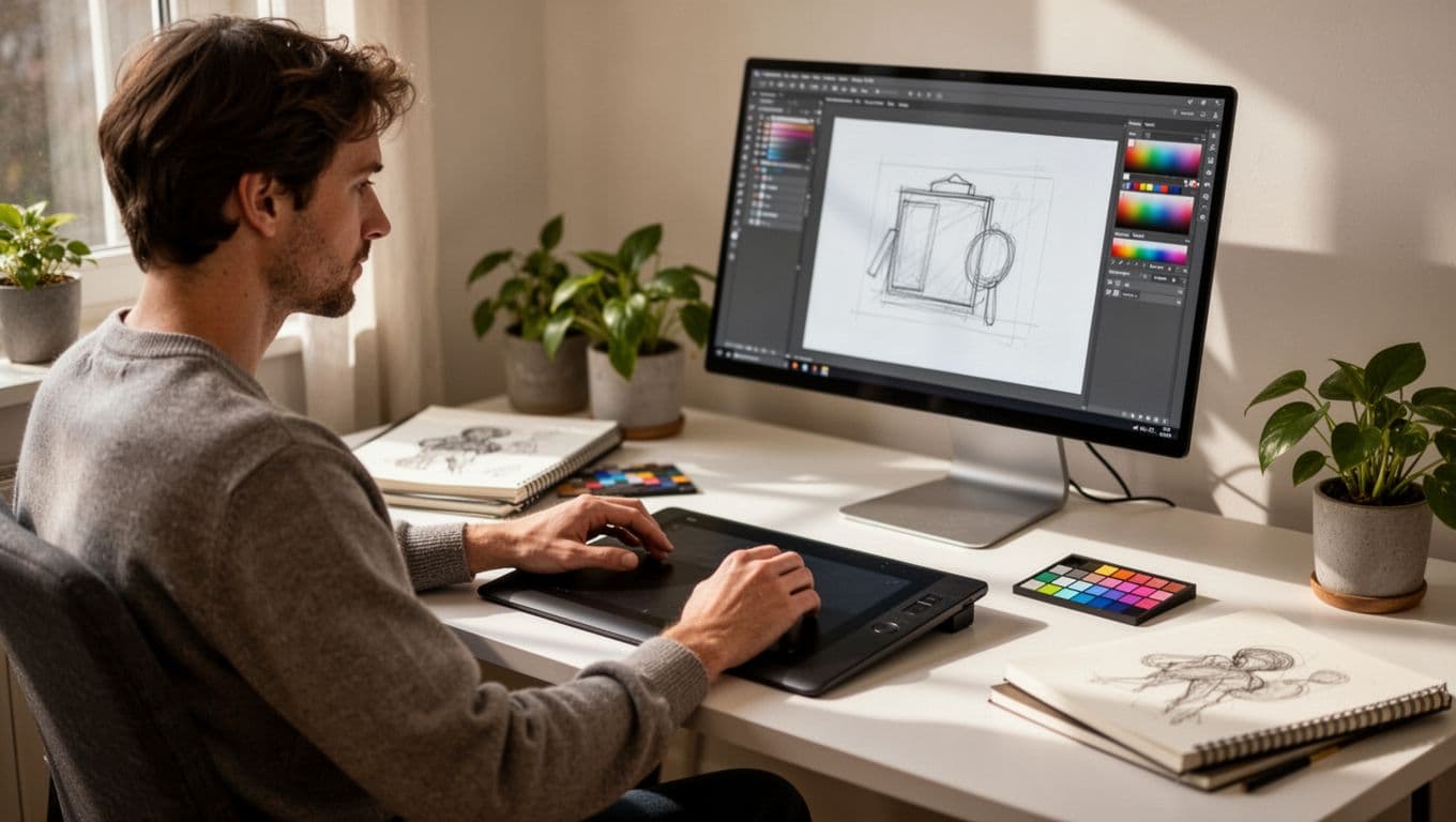 One person at modern desk uses drawing tablet and blurred computer screen with nearby color tools, plants, and sketchbooks in natural window light.