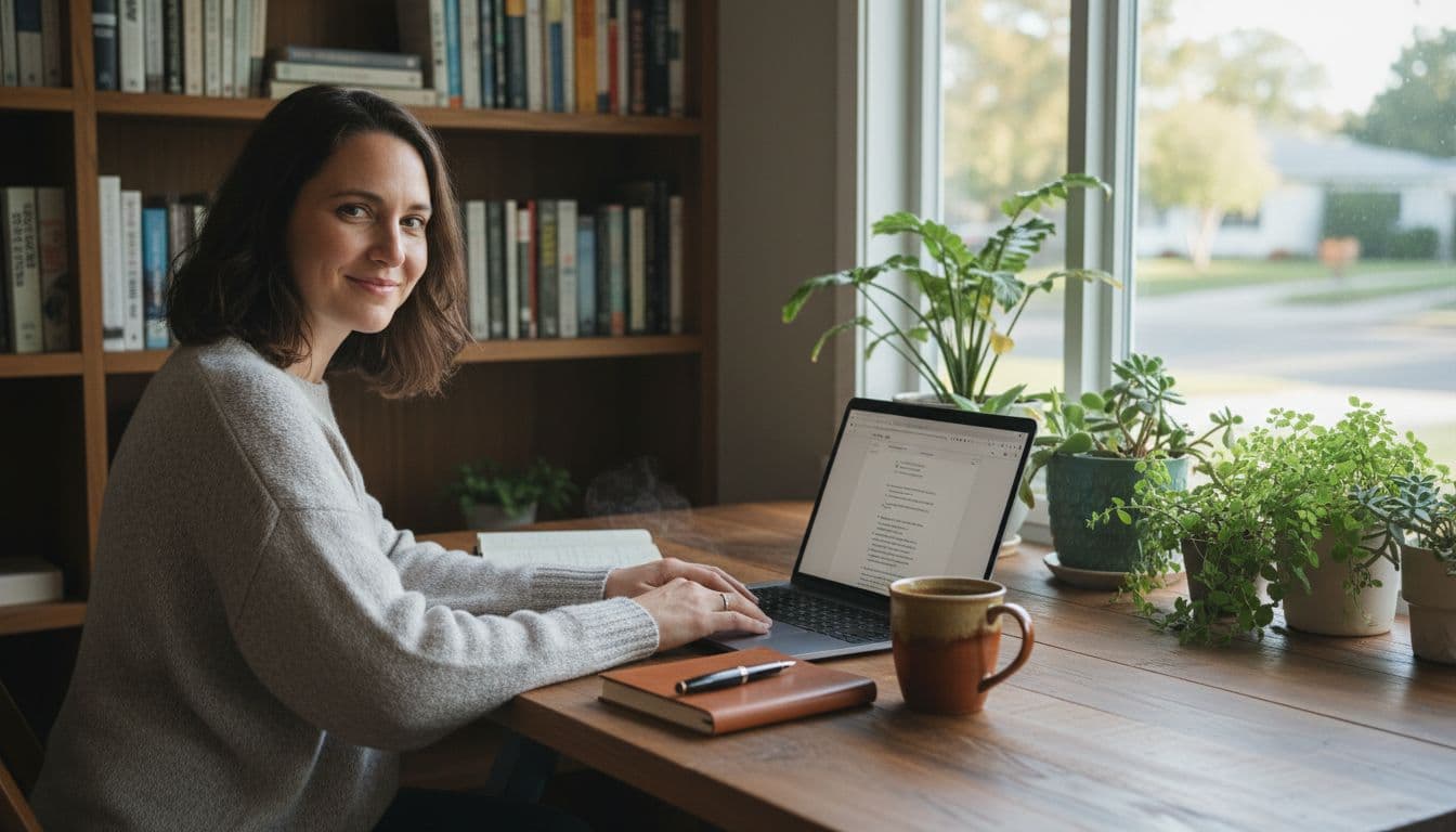 One person at wooden desk in bright home office, hands on laptop keyboard, notebook and coffee mug nearby, morning light through window with plants.