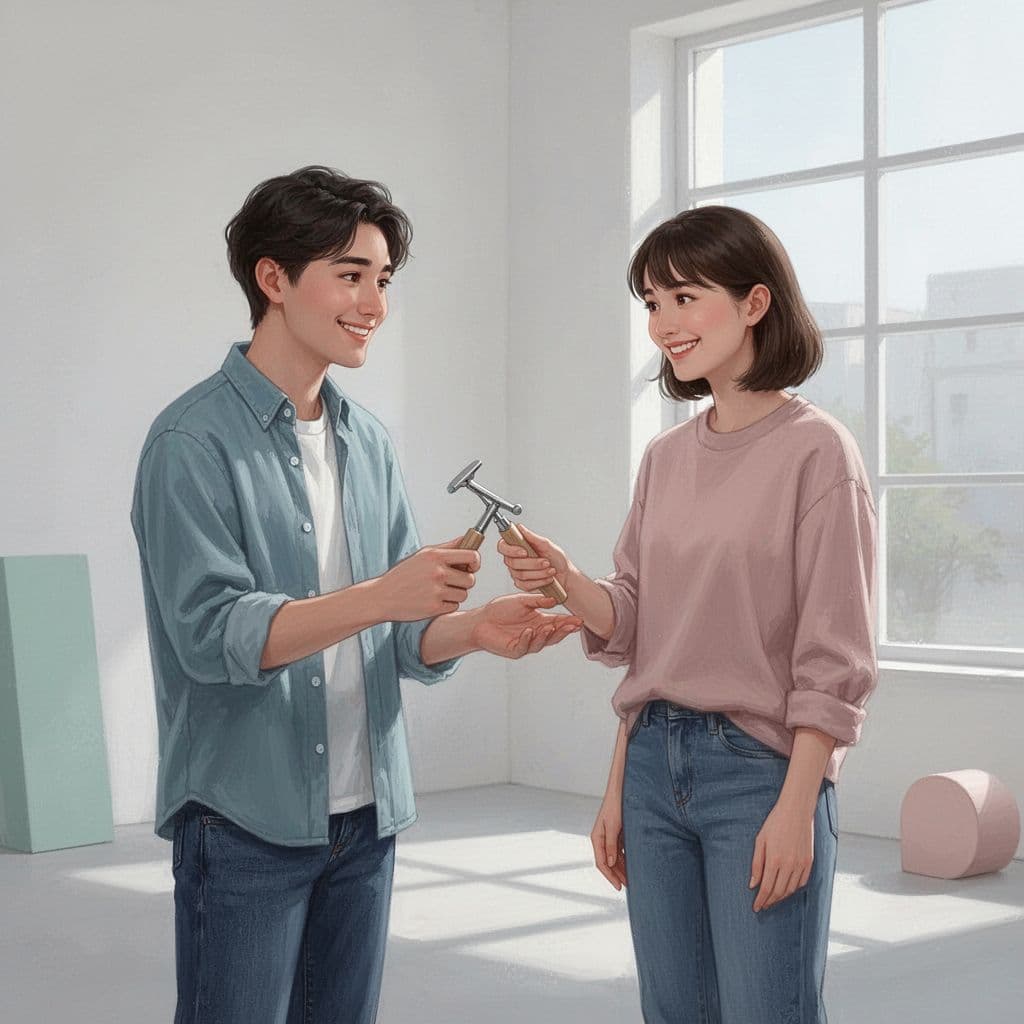 One person demonstrates a simple tool to another in a relaxed friendly setting.