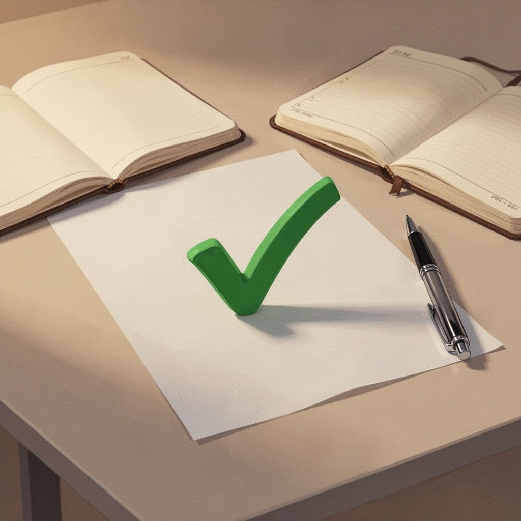 Green checkmark on paper on light desk with notebook and pen.