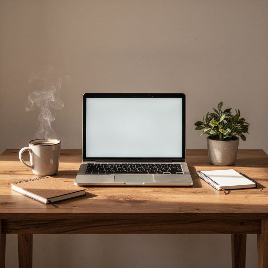 Clean wooden desk with open laptop, steaming coffee mug, and small potted plant.