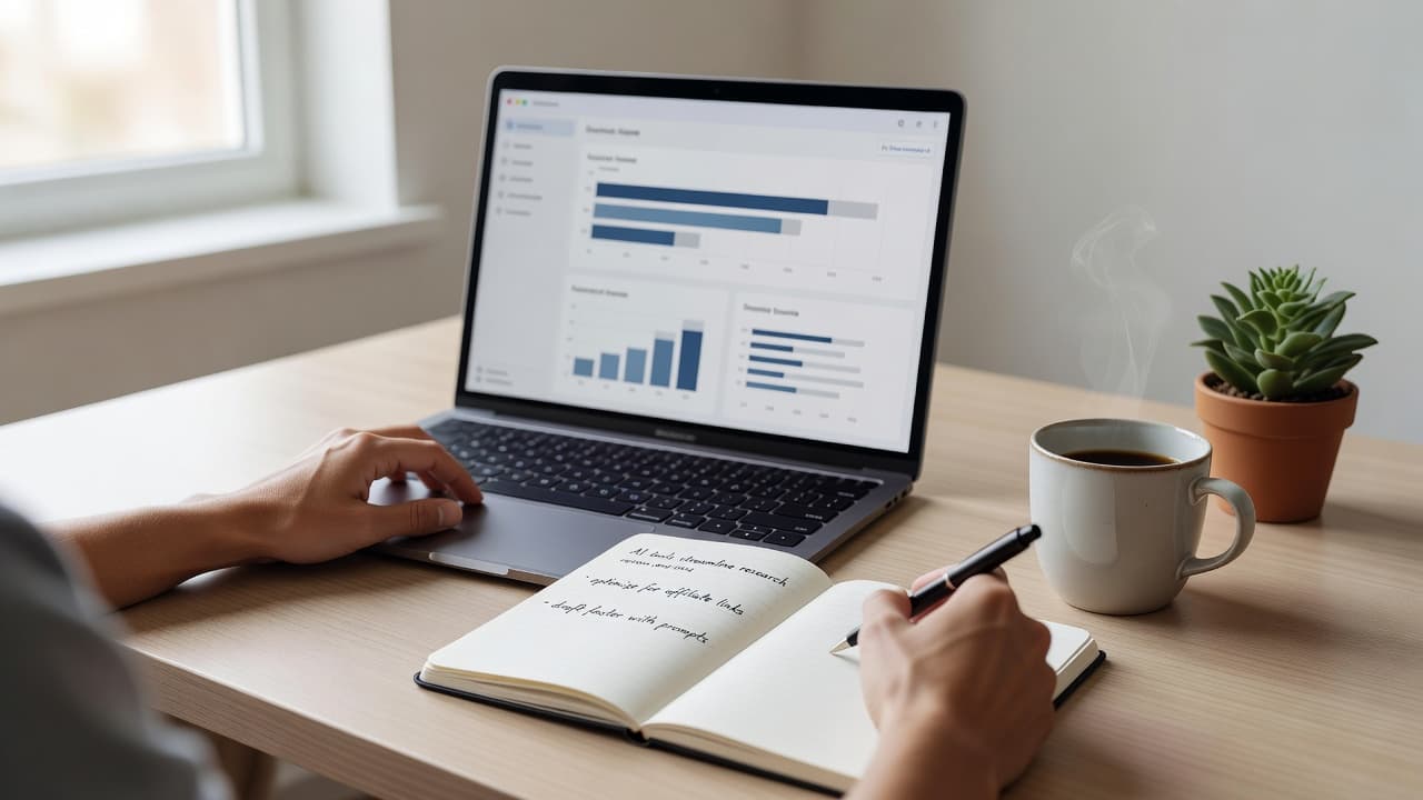 A clean desk features an open laptop with a business dashboard, a notebook filled with creative concepts, and a steaming cup of coffee. Warm sunlight illuminates the organized workspace surface.