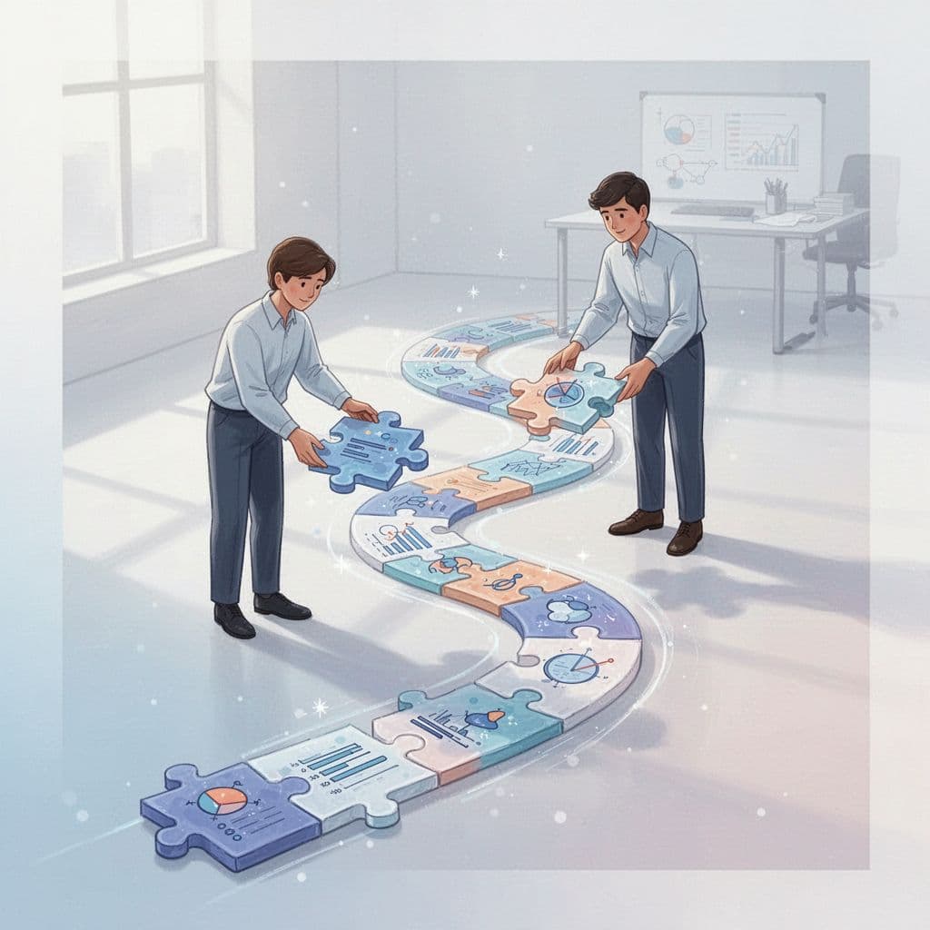 A person arranges puzzle pieces of information into a clear, orderly path.
