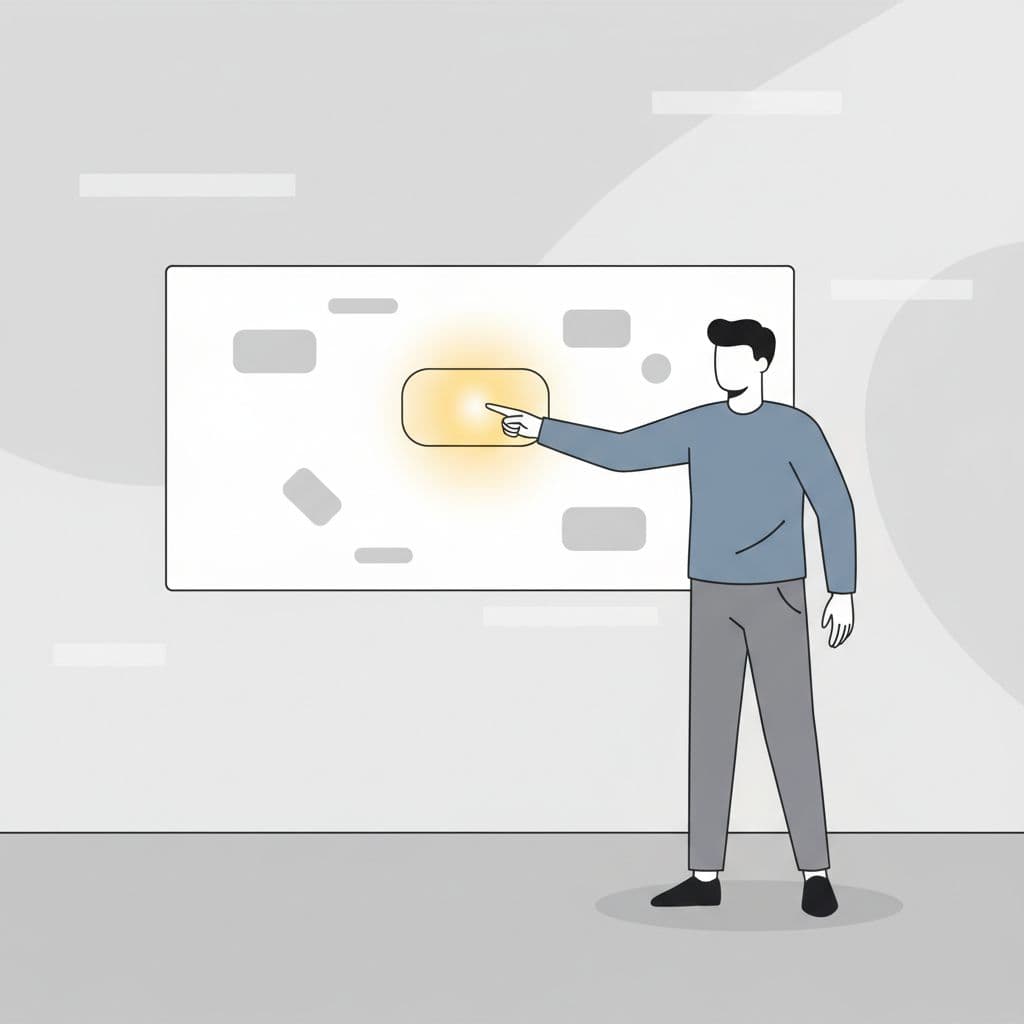 A person confidently points at one clear solution on a simple whiteboard in a clean illustration.