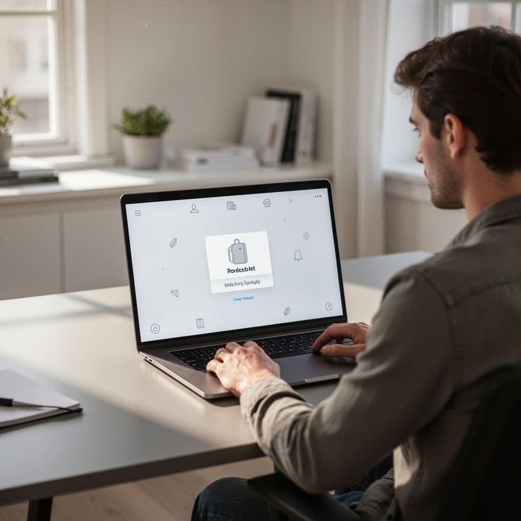 Person focuses on laptop screen showing simple clean product review illustration.