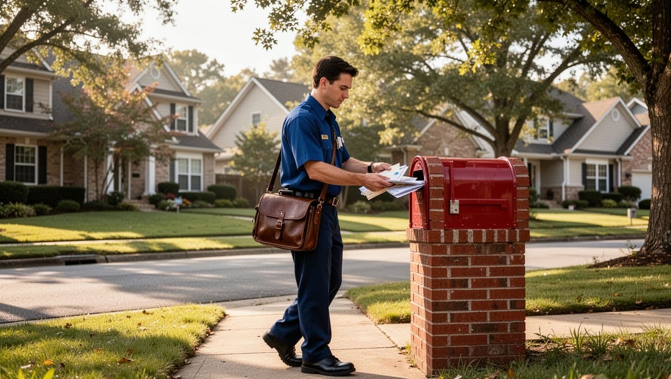 Postal worker in blue uniform inserts letters from satchel into red brick mailbox on sunny suburban street with green lawns and houses.