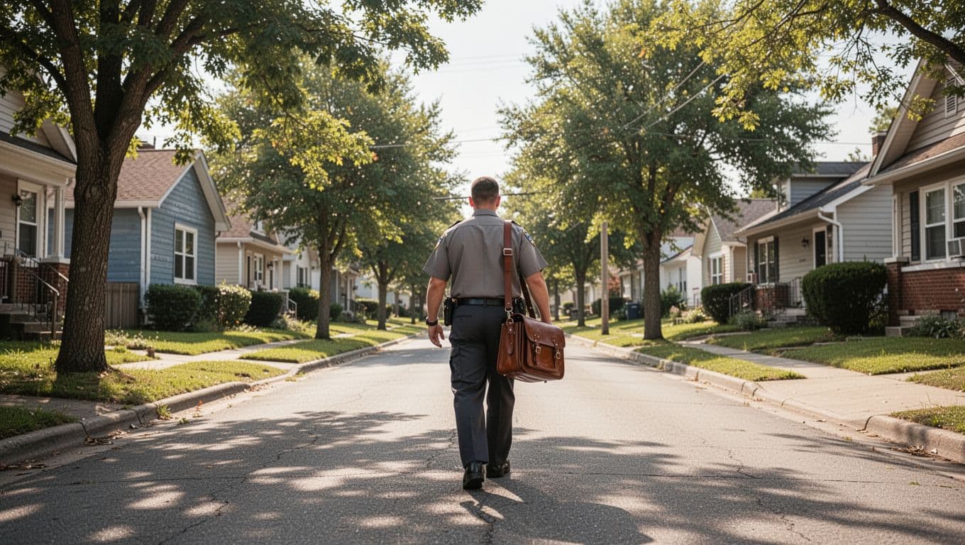Postal worker in uniform carries mail satchel while walking on quiet suburban street with houses and trees on sunny day.