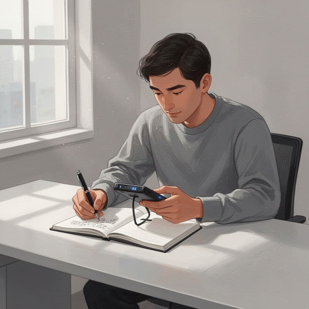A person at a desk examines a product while writing notes on a notepad with a pen.