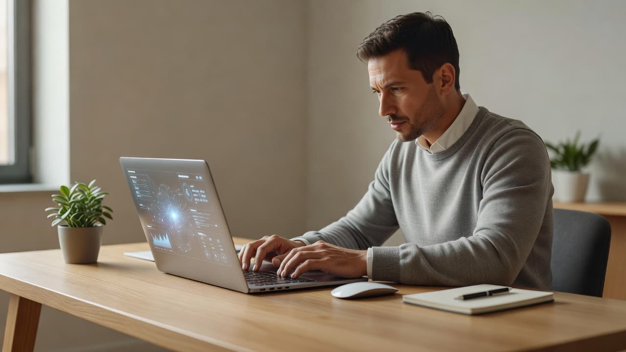 A focused professional sits at a clean wooden desk, typing on a sleek laptop while analyzing digital data. Soft ambient lighting highlights a minimalist office setup designed for efficient online workflow.