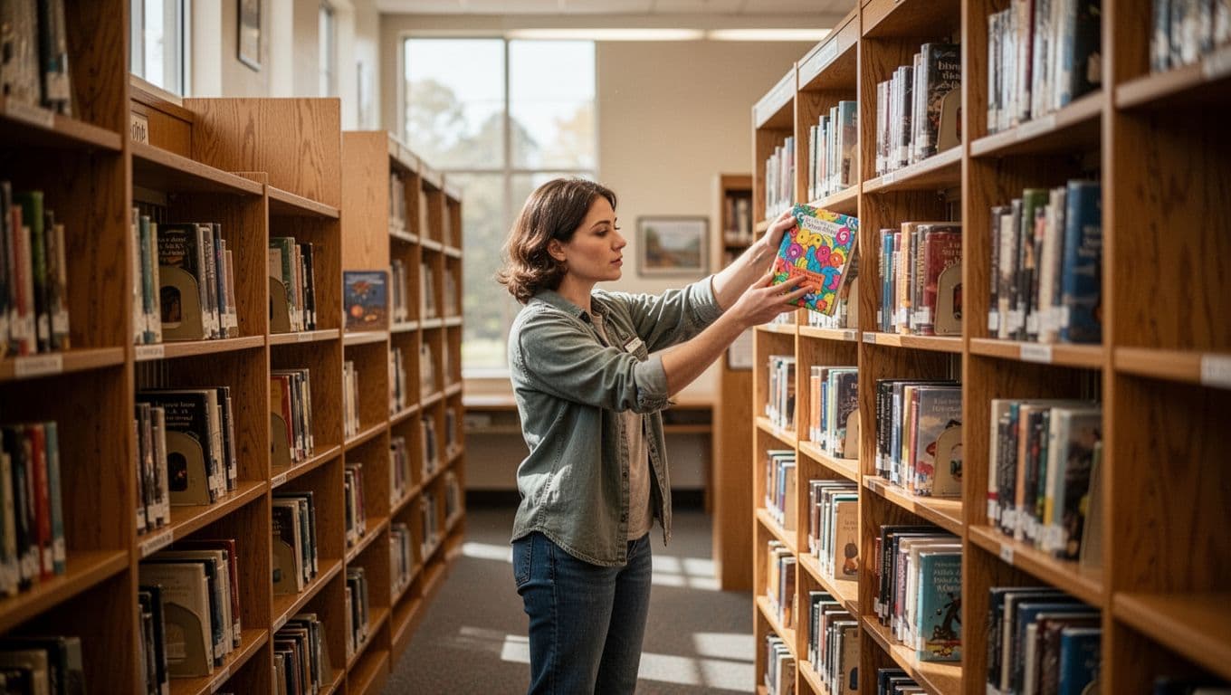 Library technician in casual clothes shelves colorful books on tall wooden shelves in quiet aisle with soft natural light.