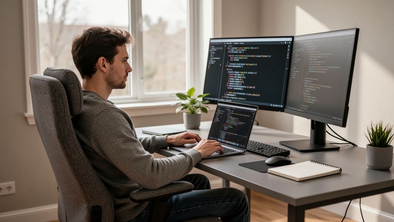 Web developer in chair at desk with laptop, external monitor, keyboard, mouse, notebook, plant, natural window light.