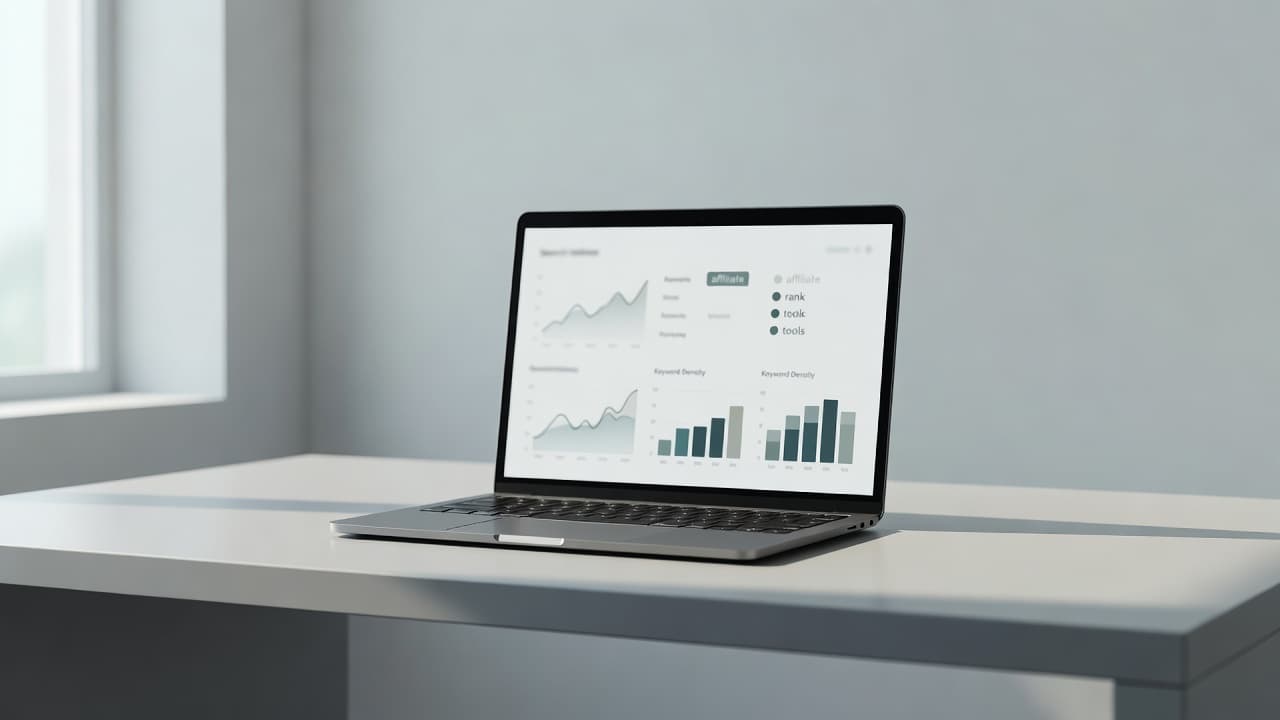A sleek laptop rests on a minimalist desk, displaying a glowing digital dashboard filled with blurred data charts and keyword trends. Bright natural light floods the clean, organized professional office space.
