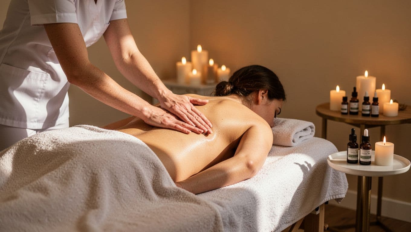 Massage therapist rubs towel-covered client's back on table in spa room with oils and candles nearby.