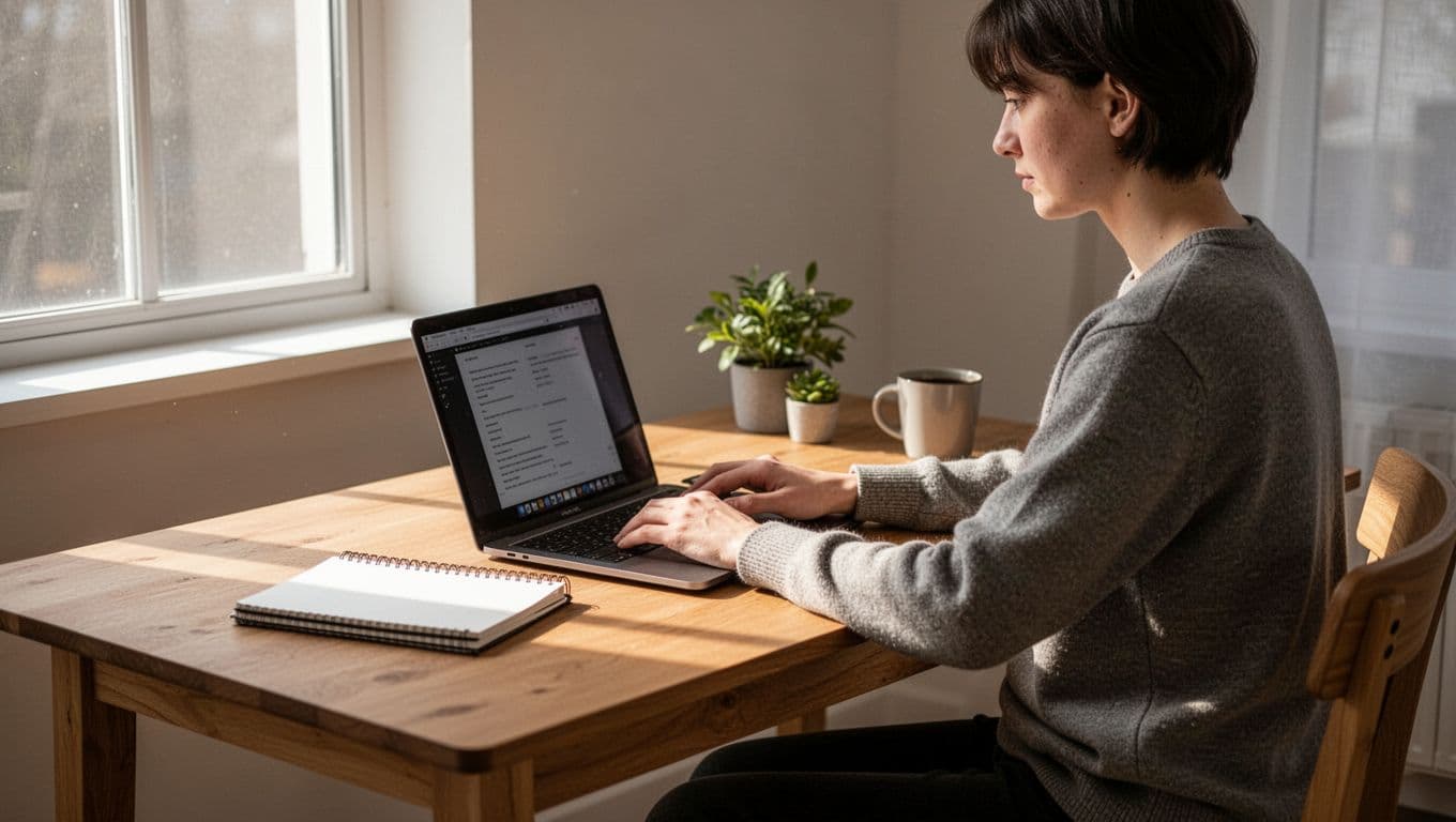 One person sits relaxed at a wooden desk with open laptop, notebook, coffee mug, and houseplant in a sunlit quiet office.