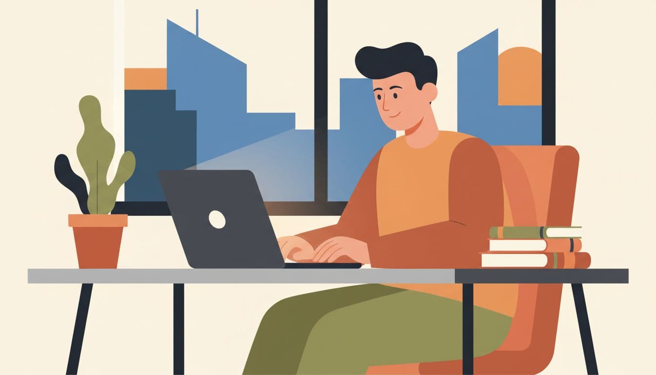Person at desk focuses calmly on laptop with thoughtful expression.
