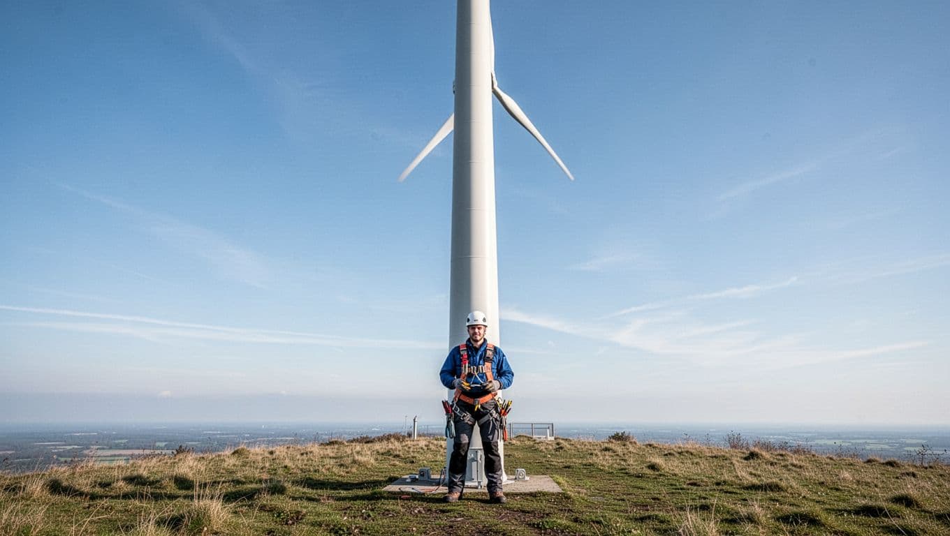 Wind turbine technician in safety gear stands at base of tall turbine on grassy hill under blue sky.