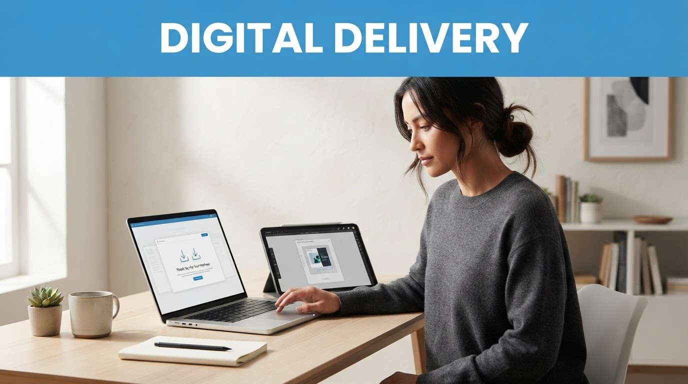 A person uses a laptop and tablet beneath a blue Digital Delivery banner.